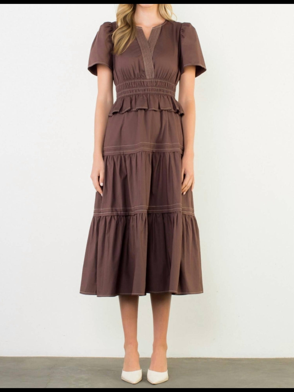 THML Brown Tiered Midi Dress